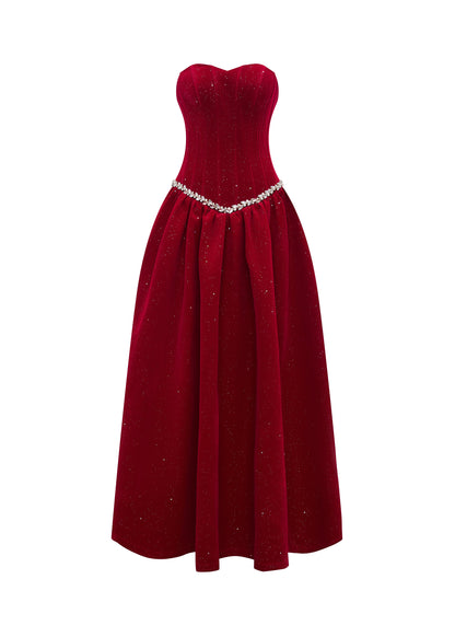 Velvet Ember Bustier Midi Dress