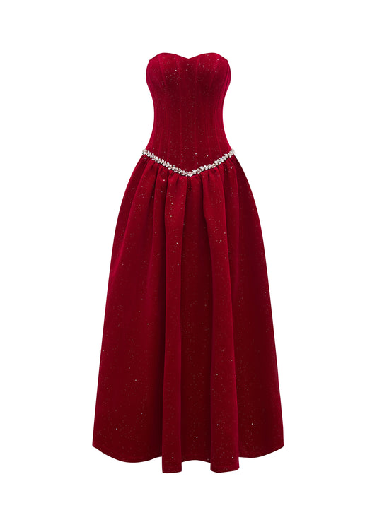 Velvet Ember Bustier Midi Dress