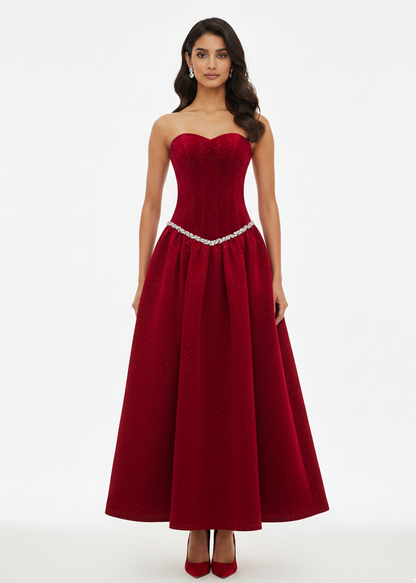 Velvet Ember Bustier Midi Dress