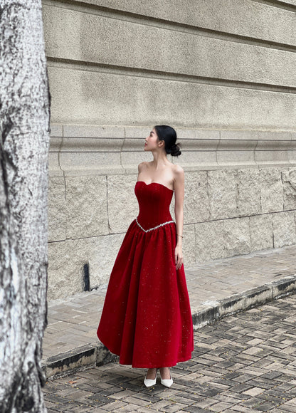 Velvet Ember Bustier Midi Dress