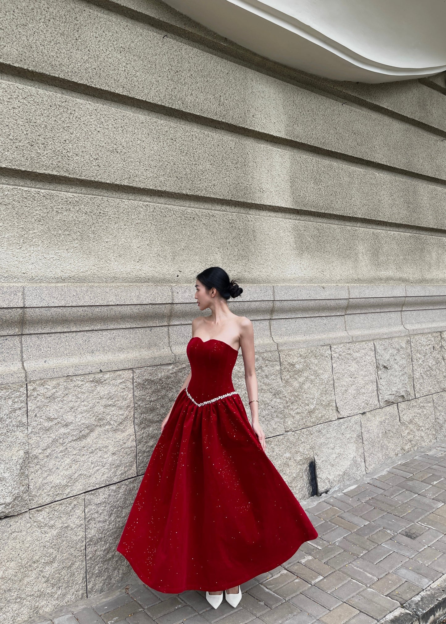 Velvet Ember Bustier Midi Dress