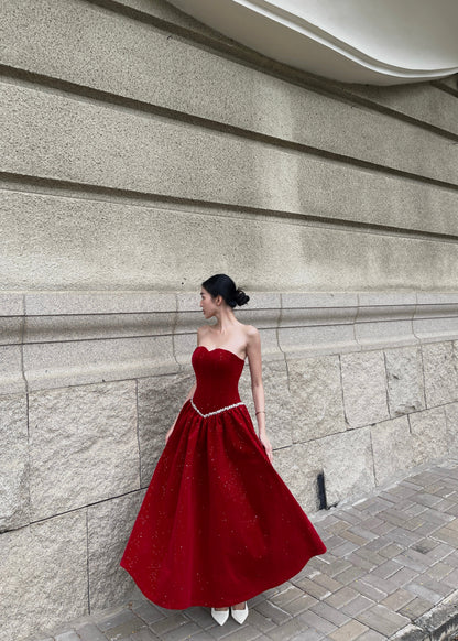 Velvet Ember Bustier Midi Dress